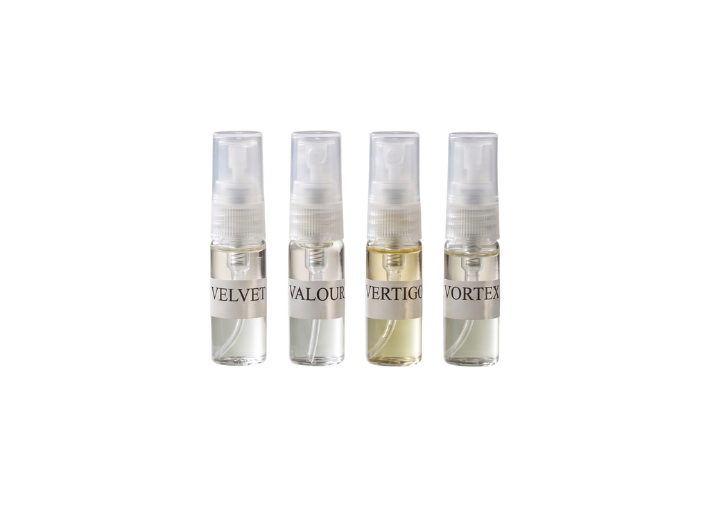 WESAAL Discovery Set — four fragrance samples with labels: Velvet, Valour, Vertigo, Vortex