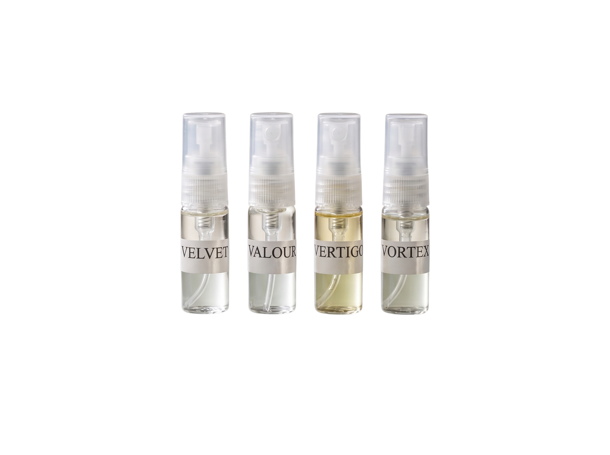 WESAAL Discovery Set — four fragrance samples with labels: Velvet, Valour, Vertigo, Vortex