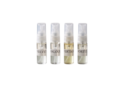 WESAAL Discovery Set — four fragrance samples with labels: Velvet, Valour, Vertigo, Vortex